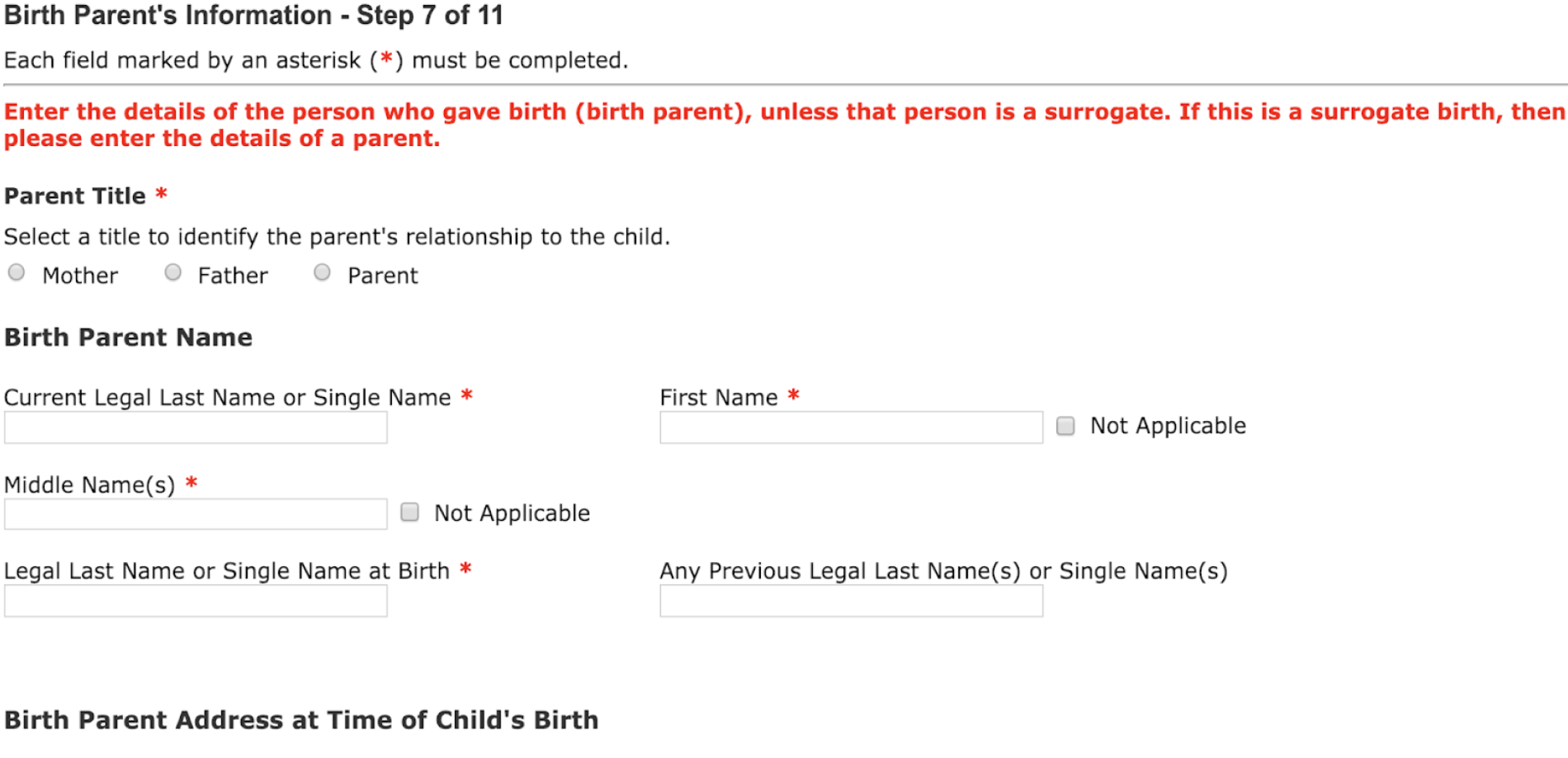 Section is labelled birth parent's information