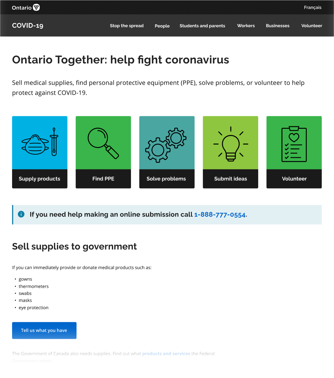 Prototype of ontario.ca with title Ontario Together: help fight coronavirus. Sell medical supplies, find personal protective equipment (PPE), solve problems, or volunteer to help protect against COVID-19. Options on the page: Supply products, Find PPE, Solve problems, Submit ideas, Volunteer.