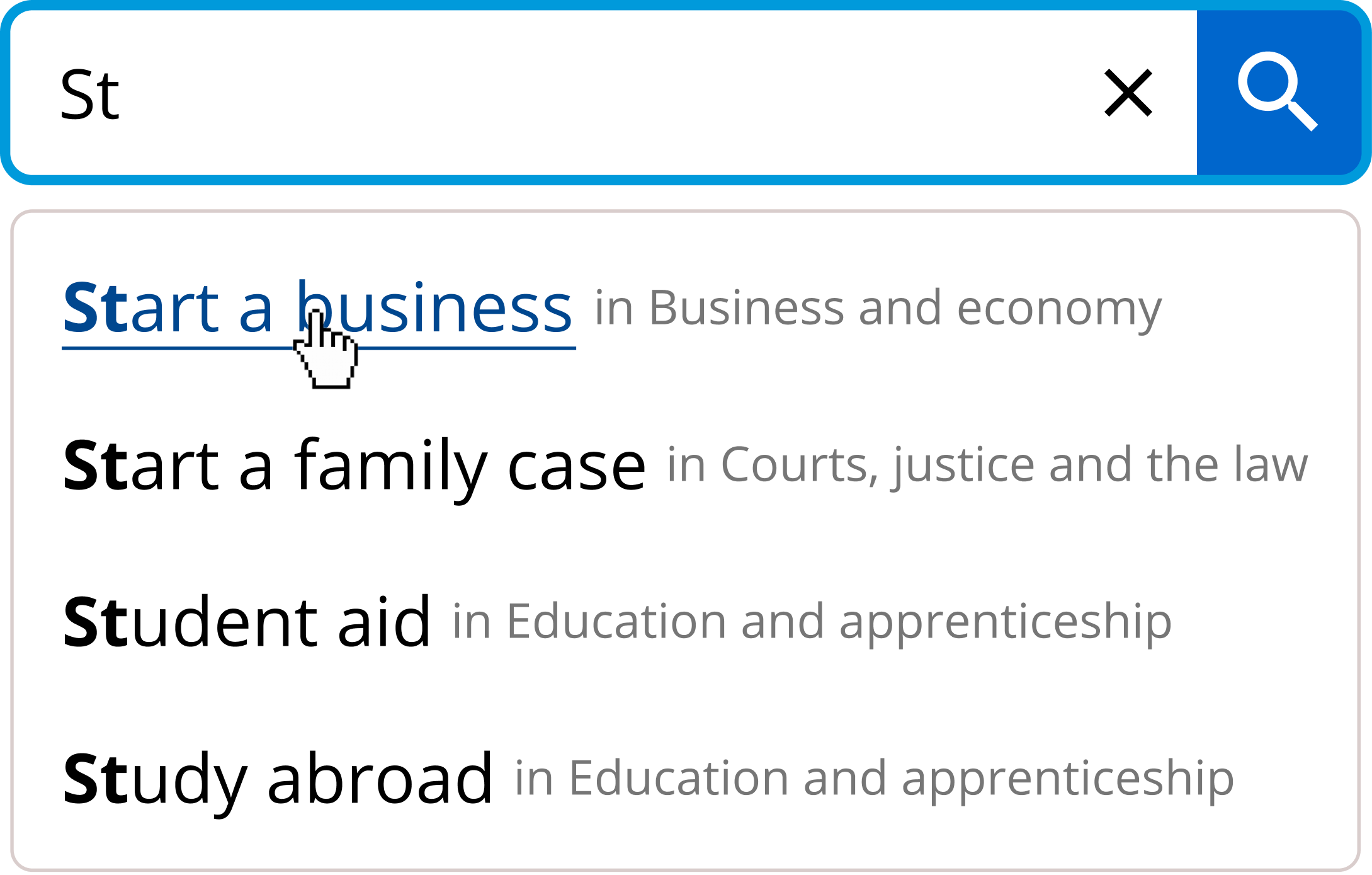 Search query with "St" and there is an autosuggest box with a few selections: Start a business in business and economy; Start a family in courts, justice and the law; Student aid in education and apprenticeship; Study abroad in education and apprenticeship.