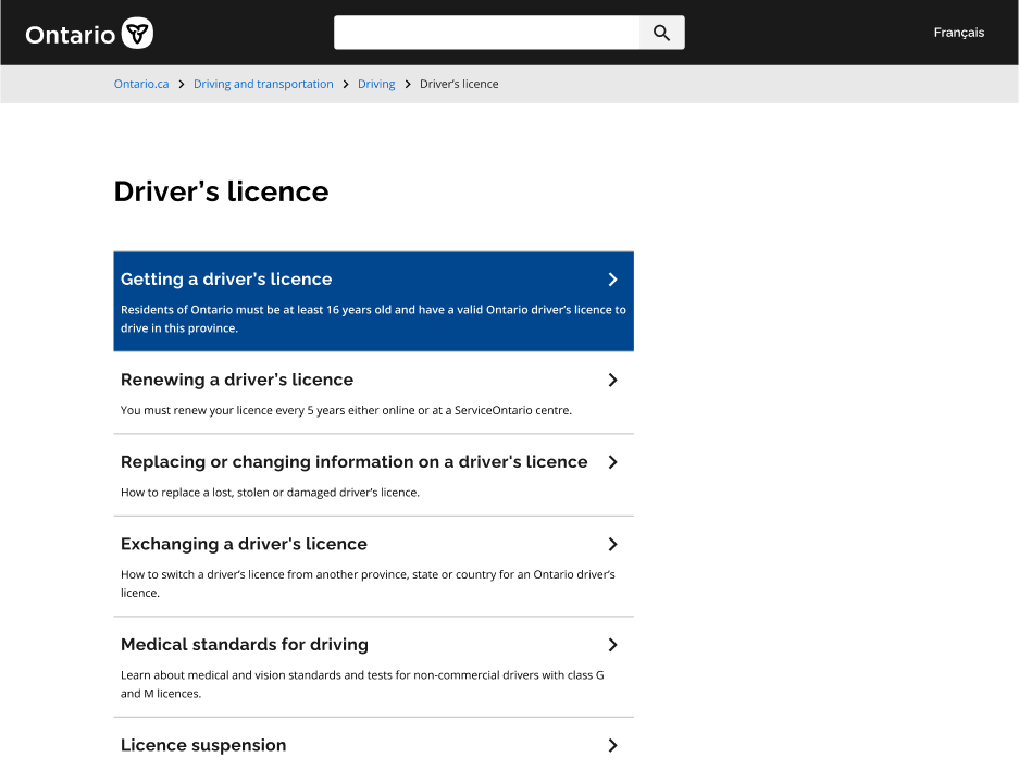 Prototype of an ontario.ca page for Driver's licence. Options include getting, renewing, replacing, exchanging a driver's licence.